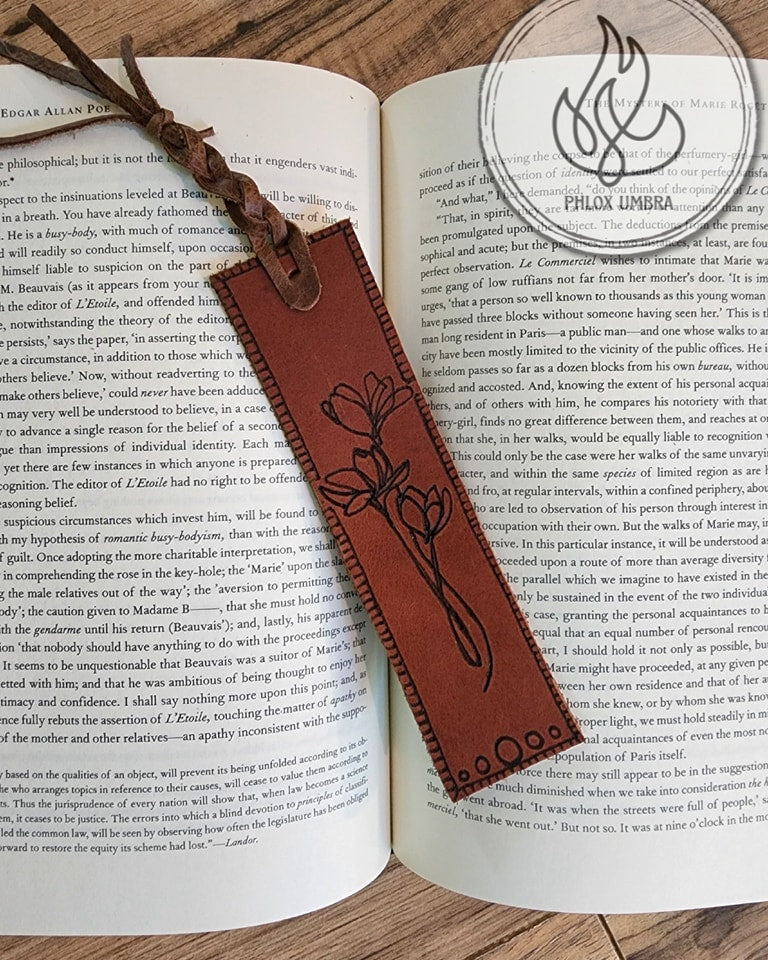 Floral Line Art Leather Bookmark