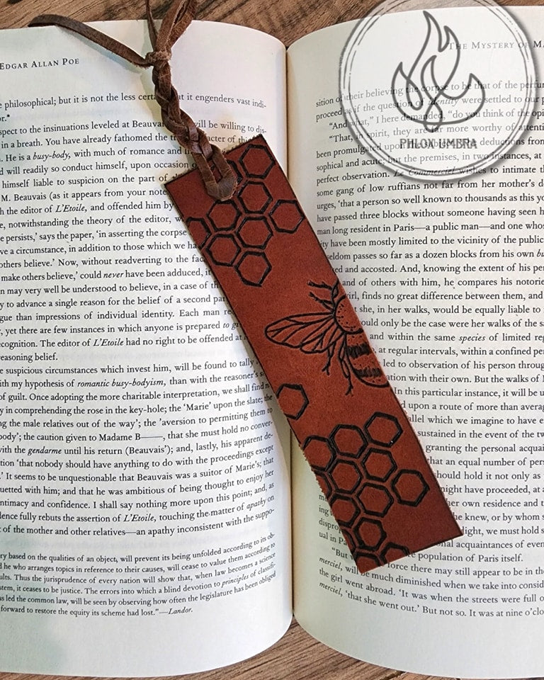 Bee and Honeycomb Leather Bookmark